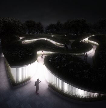 's Avonds licht het paviljoen op.