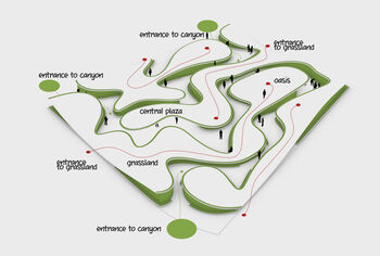 Plattegrond van het paviljoen, met de drie ingangen zichtbaar.