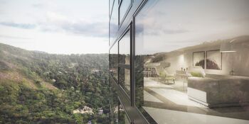 Impressie van het uitklapbare raam in het woningbouwcomplex bij De Hallen in Amsterdam.