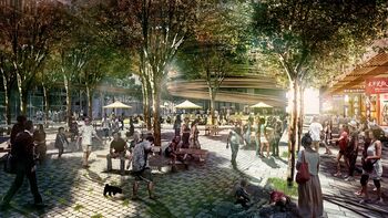 De Darling Exchange wordt verbonden met een openbaar plein, de Darling Square. Beeld via Kengo Kuma