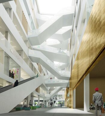 Het atrium binnenin het nieuwe gebouw van Hogeschool Utrecht.