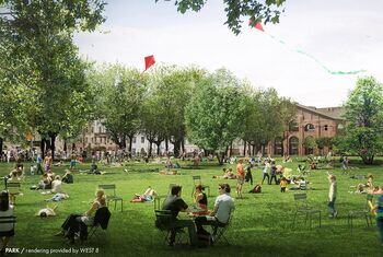 Het grote park in New Holland Island. Rendering door West 8